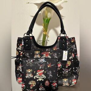 Ed Hardy Style Black Tattoo-Print Tote Bag including wristlet new